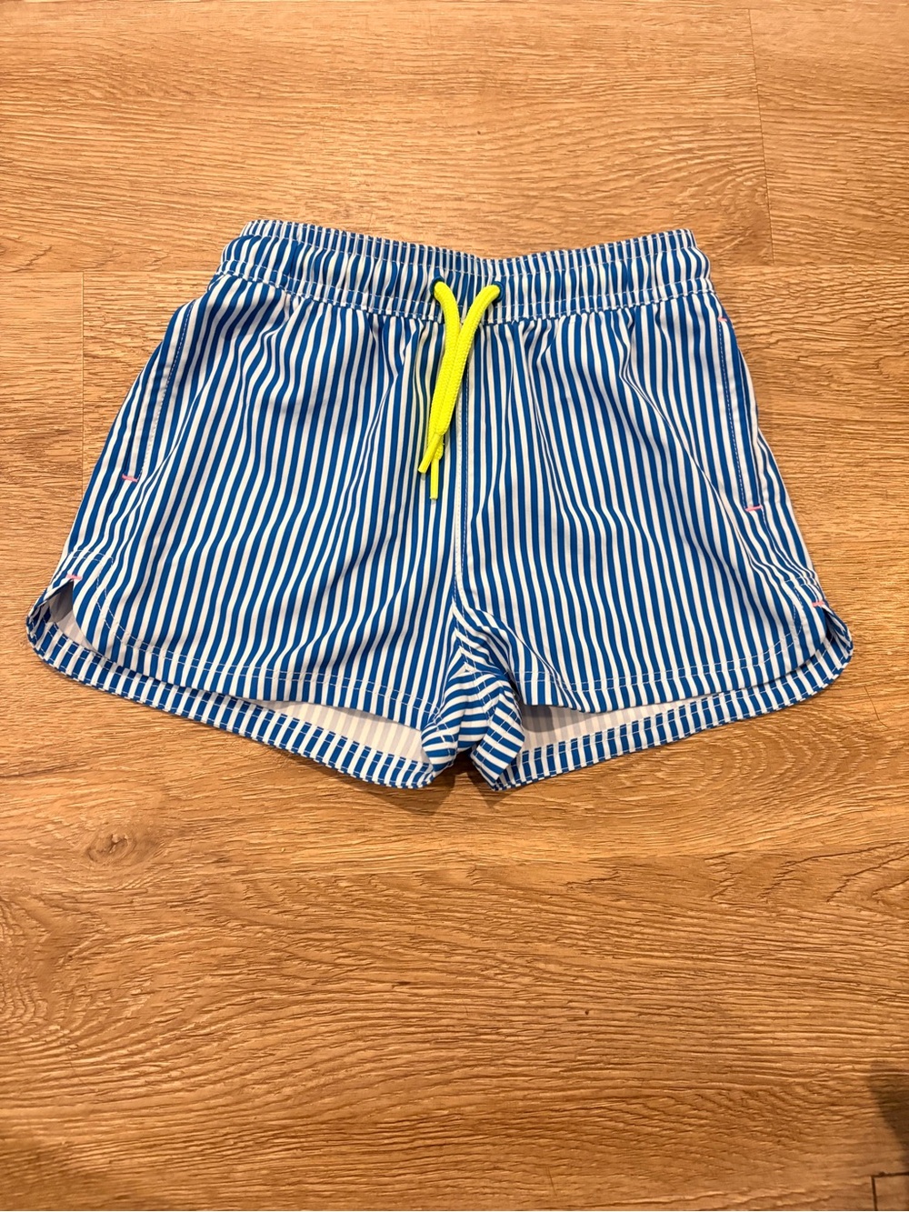 Vineyard Vines Blue & White Striped Athletic Shorts with Neon Yellow Drawstring